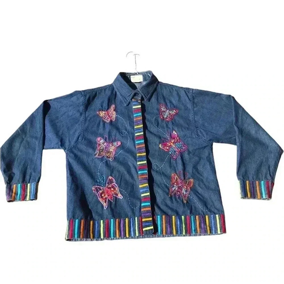 Yak Magik Vintage Denim Button Up Butterflies Embroidered XL - Picture 1 of 4